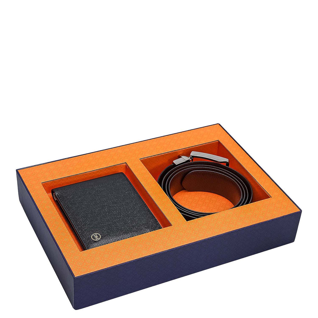 Black Saffiano Franzy Leather Mens Wallet & Belt Gift Set