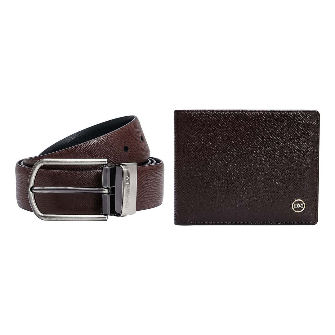 Chocolate Saffiano Franzy Leather Mens Wallet & Belt Gift Set