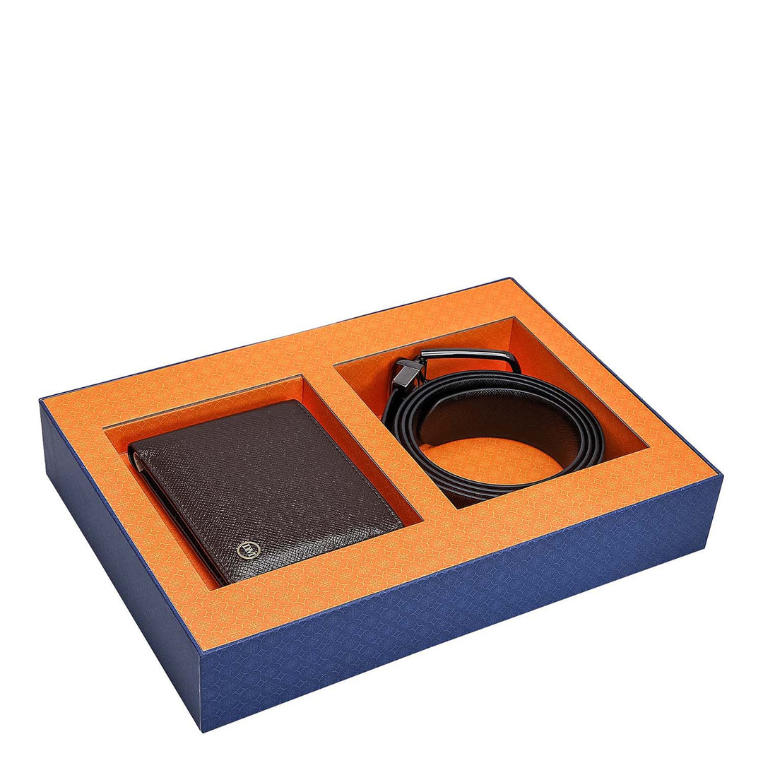 Chocolate Saffiano Franzy Leather Mens Wallet & Belt Gift Set