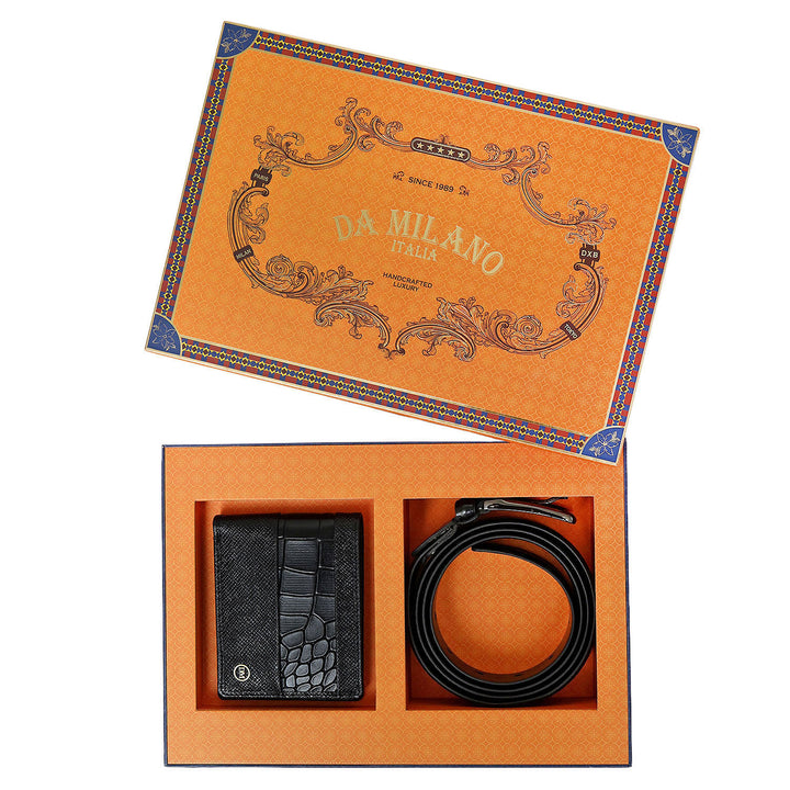 Black Croco Franzy Leather Mens Wallet & Belt Gift Set