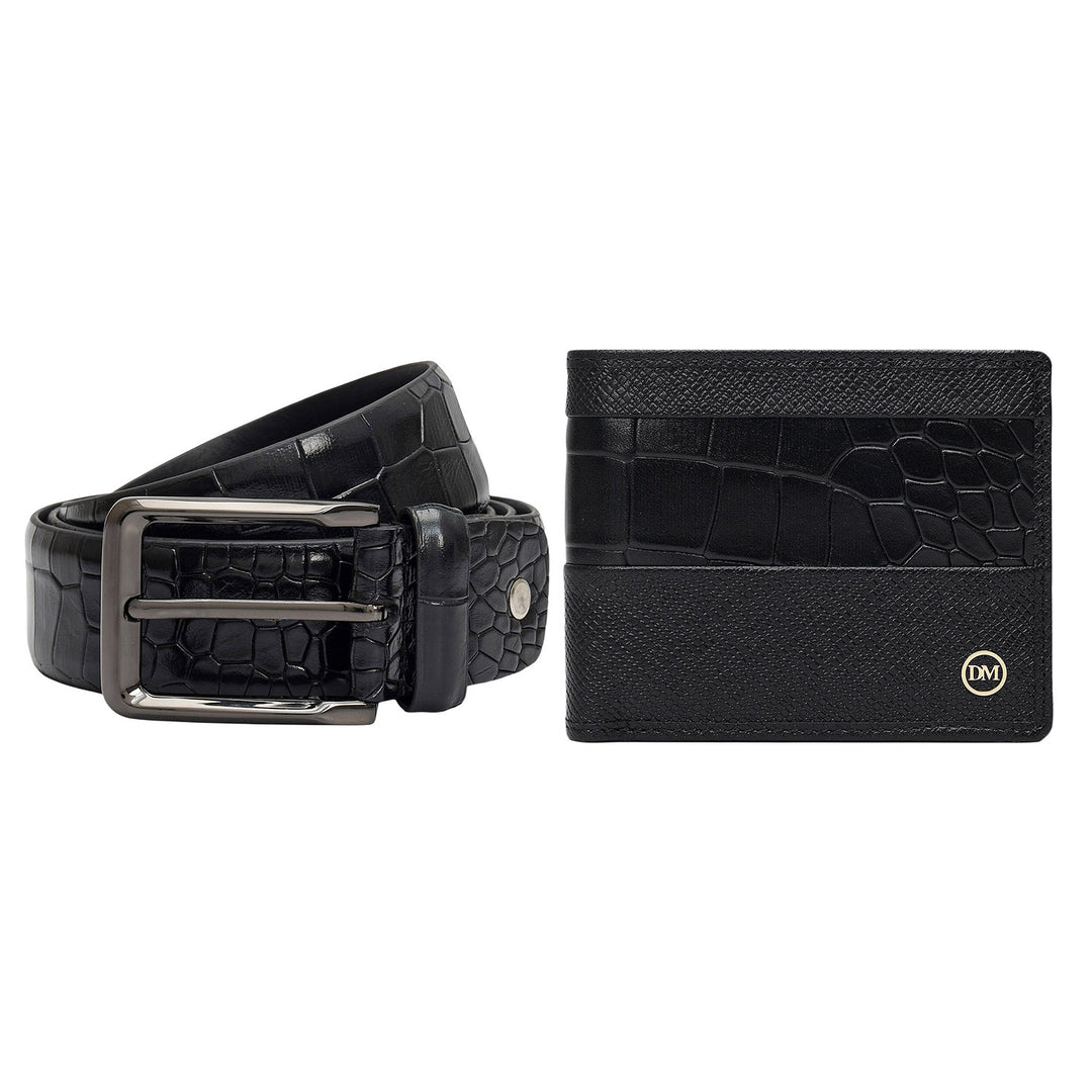 Black Croco Franzy Leather Mens Wallet & Belt Gift Set