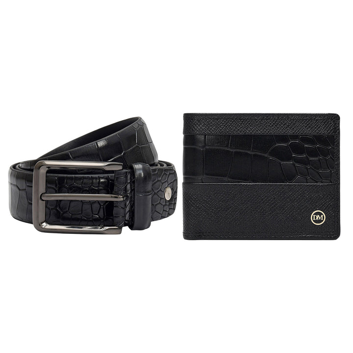 Black Croco Franzy Leather Mens Wallet & Belt Gift Set