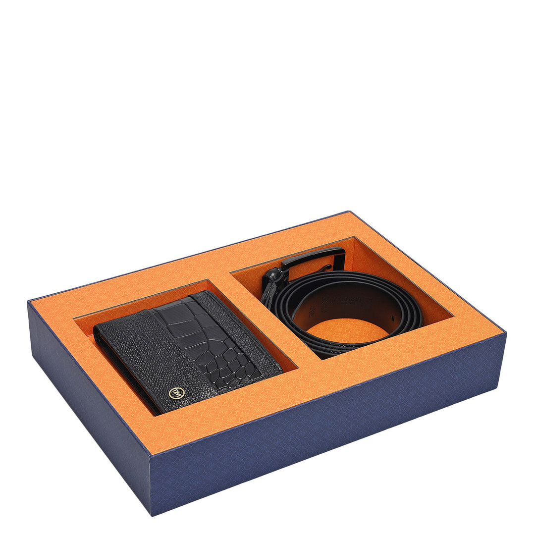 Black Croco Franzy Leather Mens Wallet & Belt Gift Set