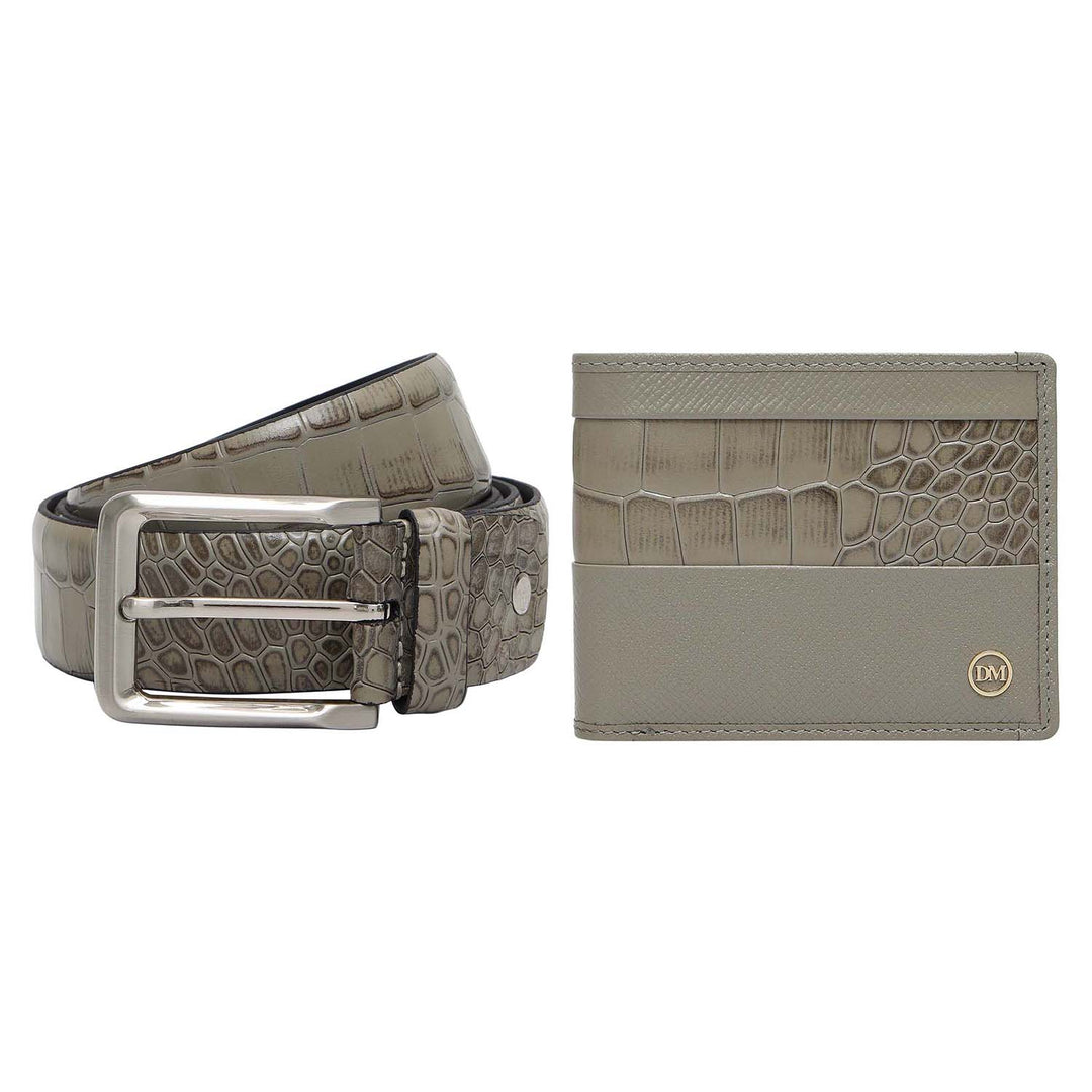 Stone Grey Croco Franzy Leather Mens Wallet & Belt Gift Set
