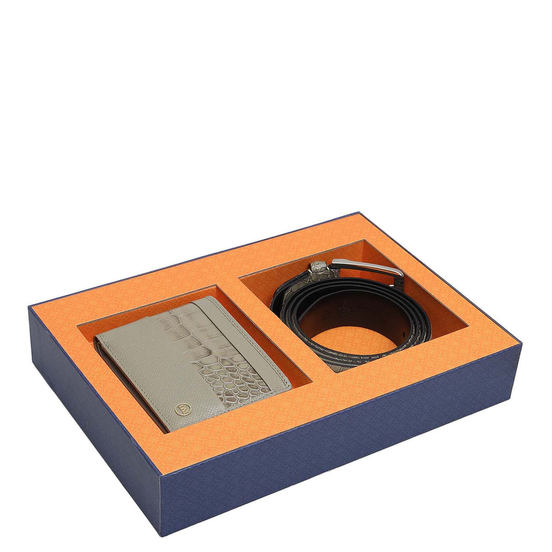 Stone Grey Croco Franzy Leather Mens Wallet & Belt Gift Set
