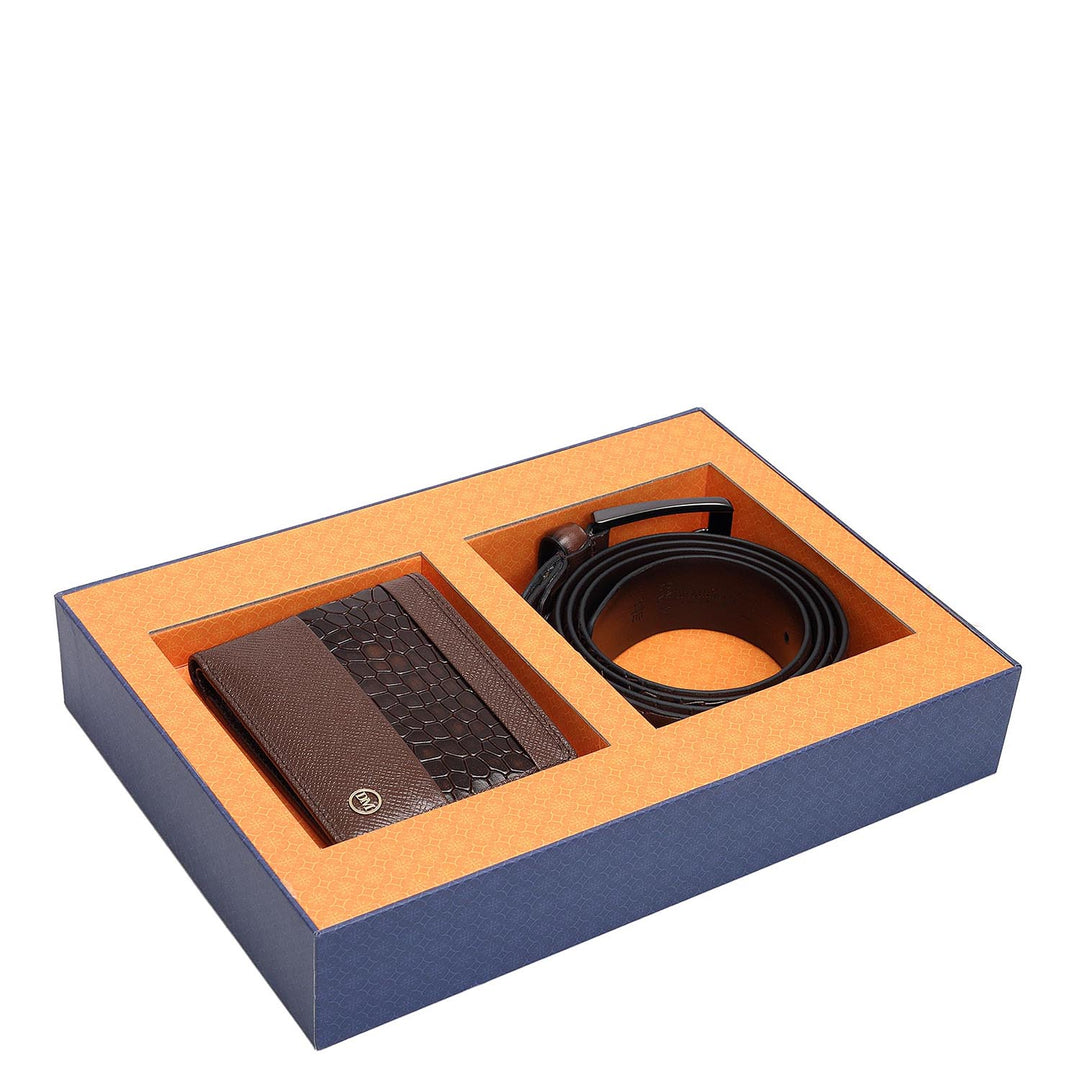 Walnut Croco Franzy Leather Mens Wallet & Belt Gift Set