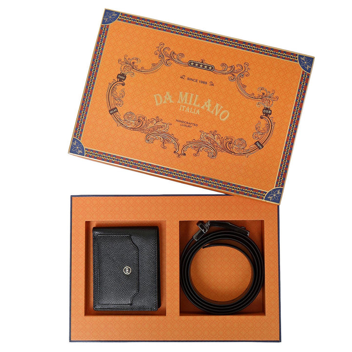 Black Saffiano Franzy Leather Mens Wallet & Belt Gift Set