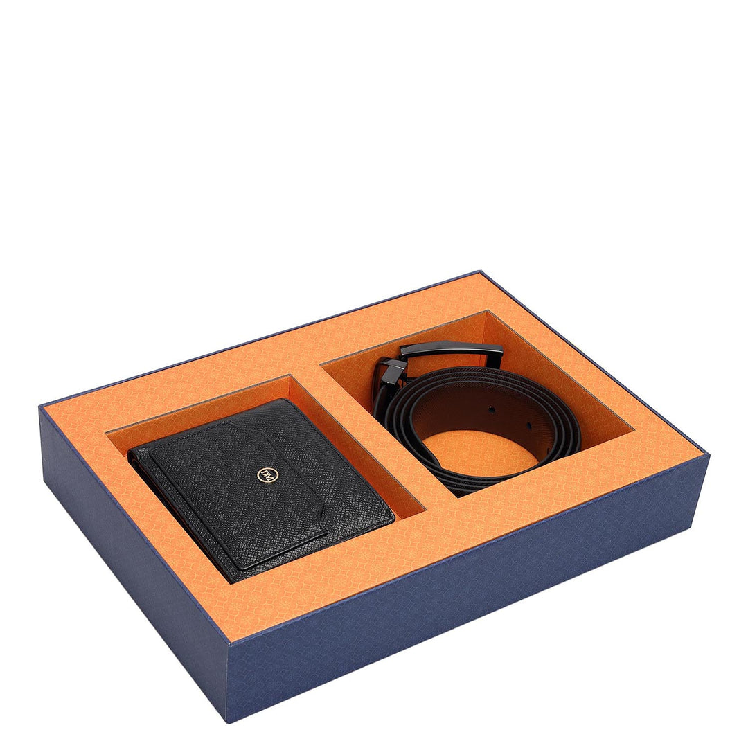 Black Saffiano Franzy Leather Mens Wallet & Belt Gift Set