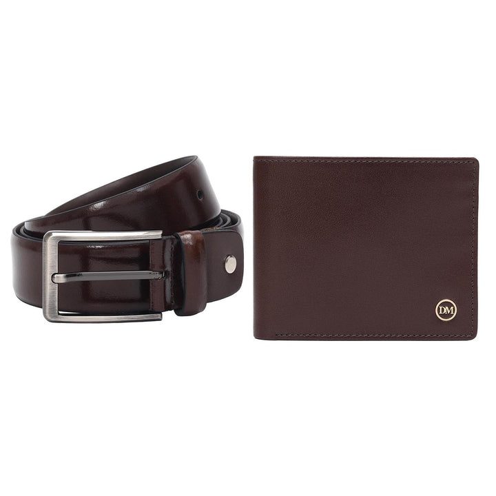 Brown Plain Leather Mens Wallet & Belt Gift Set
