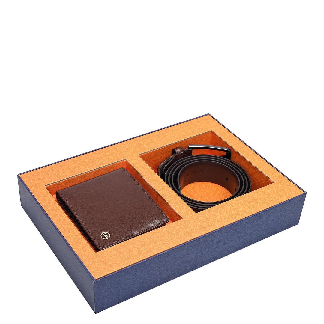 Brown Plain Leather Mens Wallet & Belt Gift Set