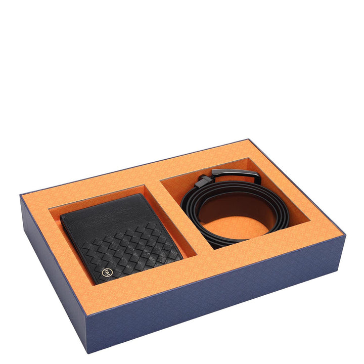 Black Mat Plain Leather Mens Wallet & Belt Gift Set
