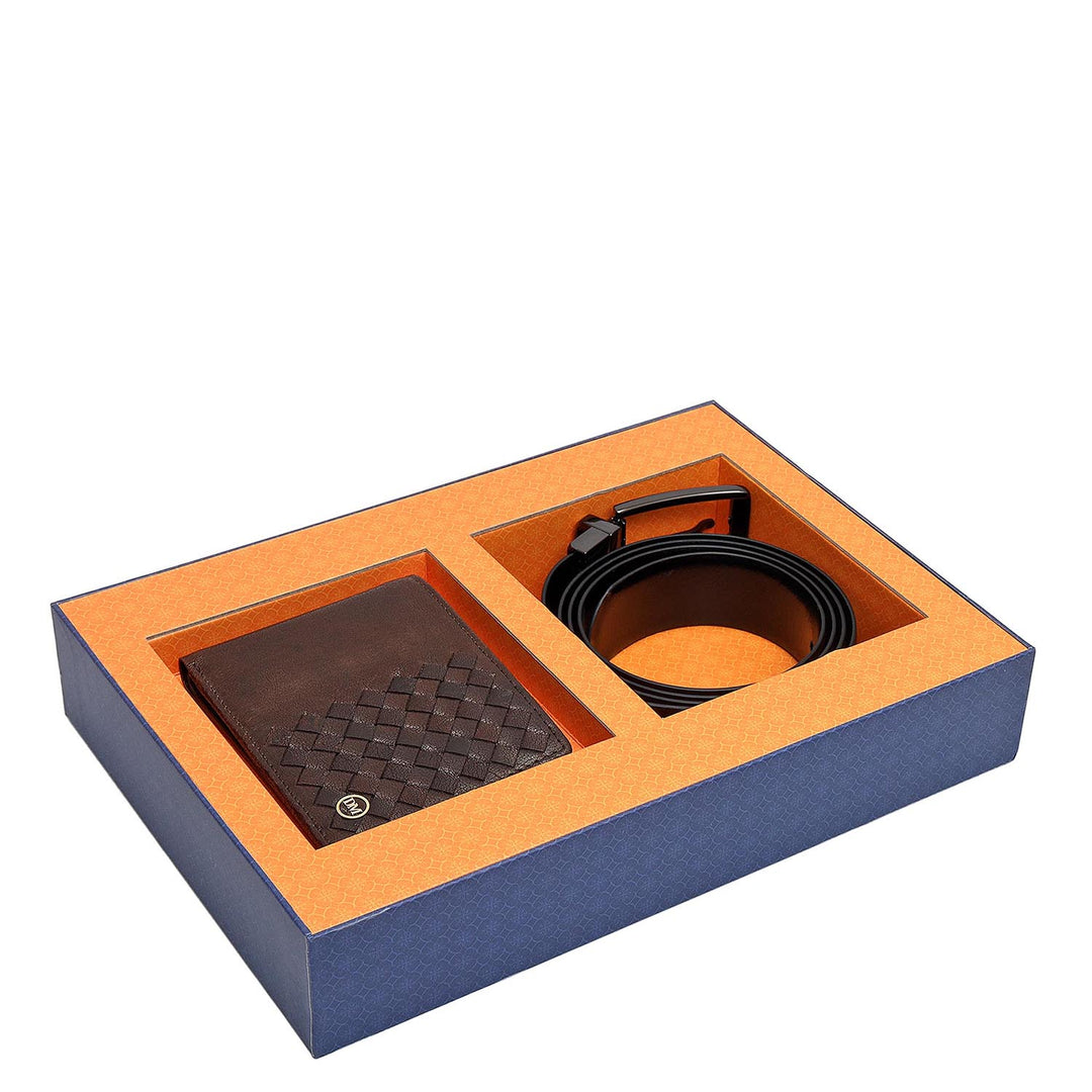 Brown Mat Plain Leather Mens Wallet & Belt Gift Set