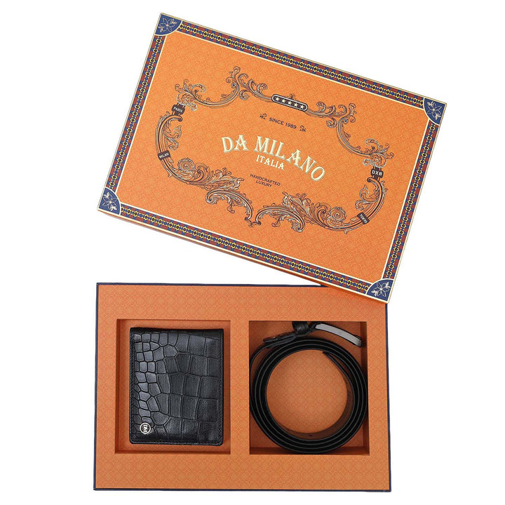Black Croco Leather Mens Wallet & Belt Gift Set
