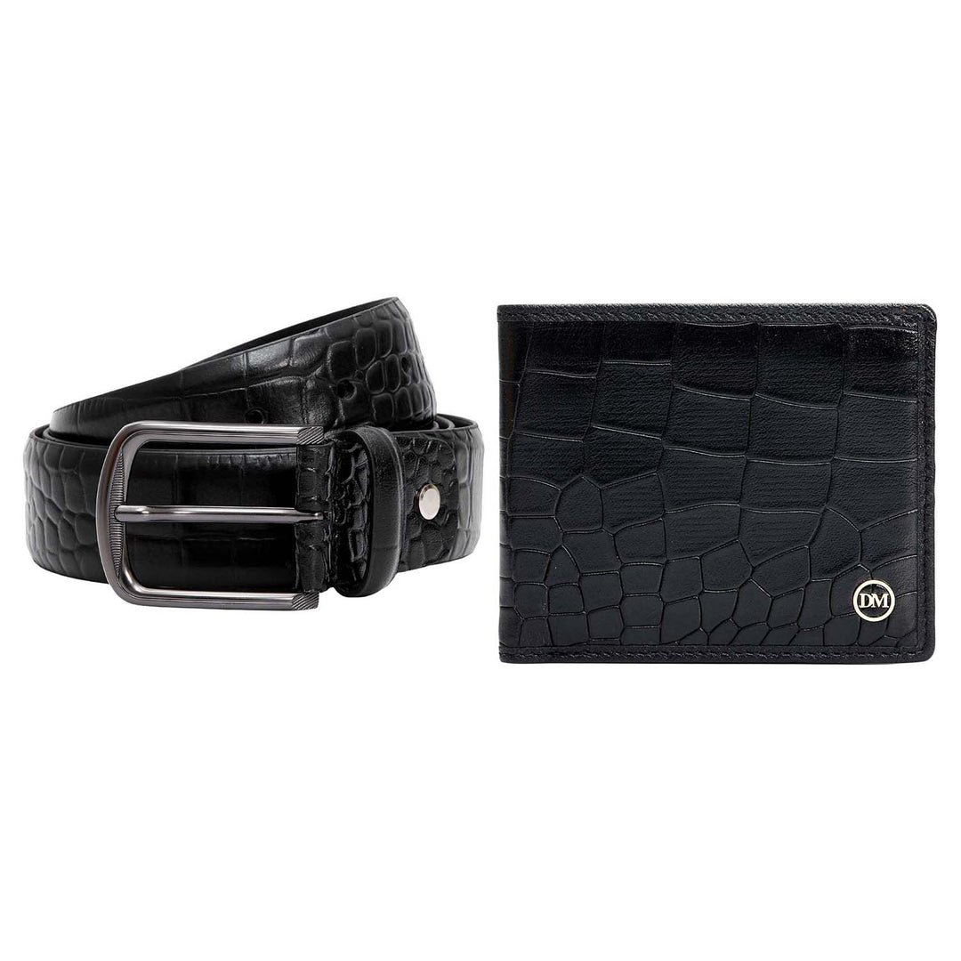 Black Croco Leather Mens Wallet & Belt Gift Set