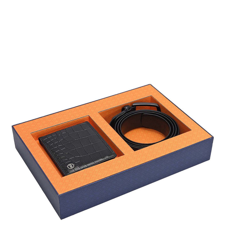 Black Croco Leather Mens Wallet & Belt Gift Set