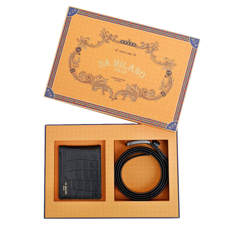 Black Croco Leather Mens Wallet & Belt Gift Set