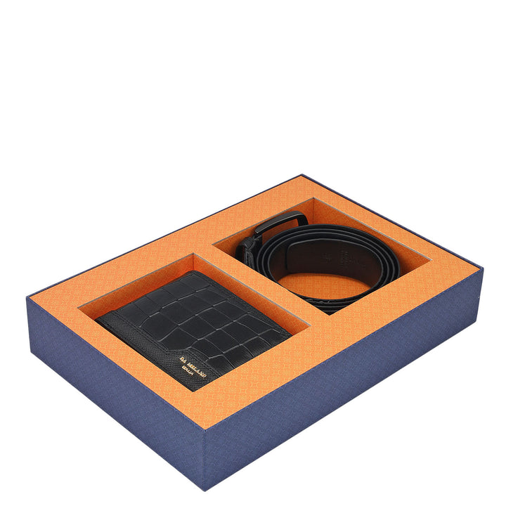 Black Croco Leather Mens Wallet & Belt Gift Set