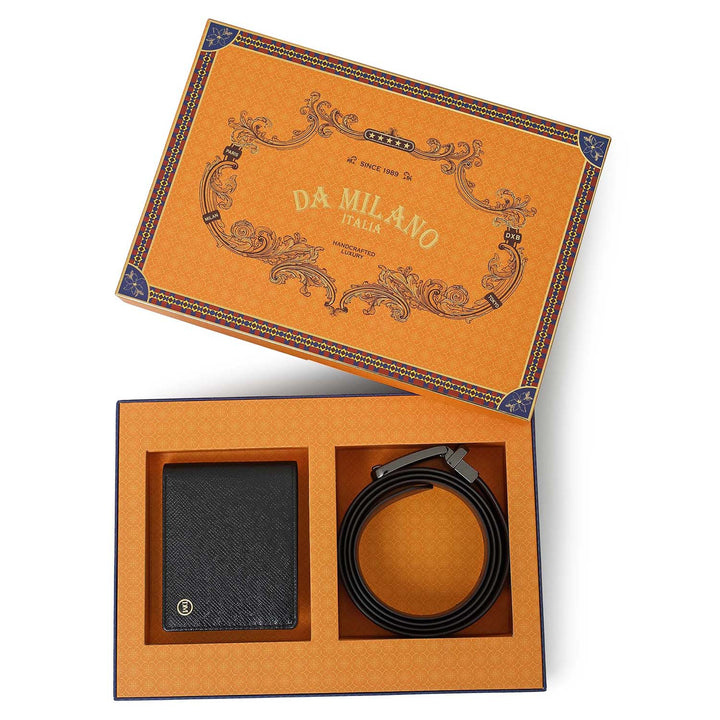 Black Saffiano Franzy Leather Mens Wallet & Belt Gift Set