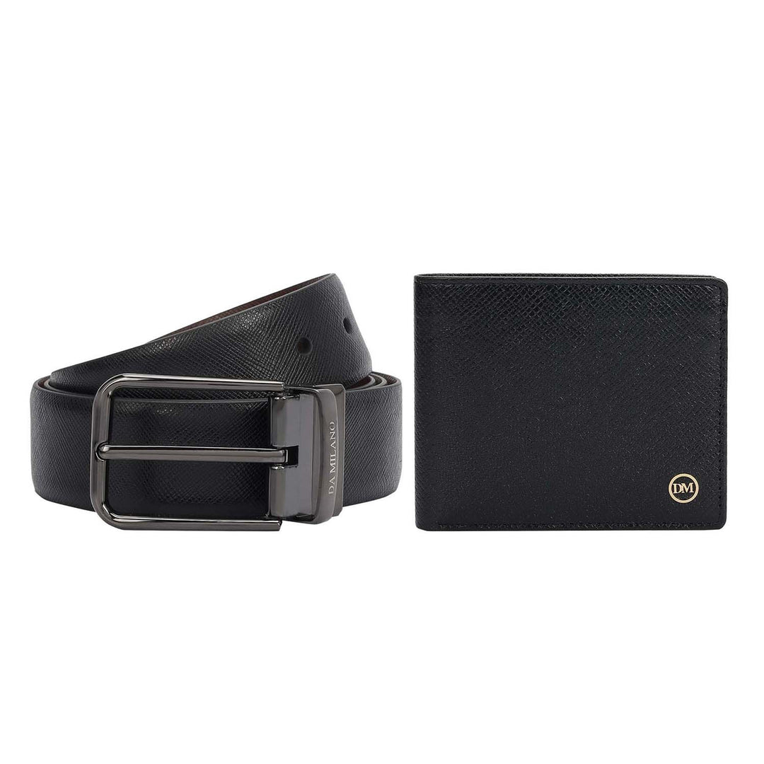 Black Saffiano Franzy Leather Mens Wallet & Belt Gift Set