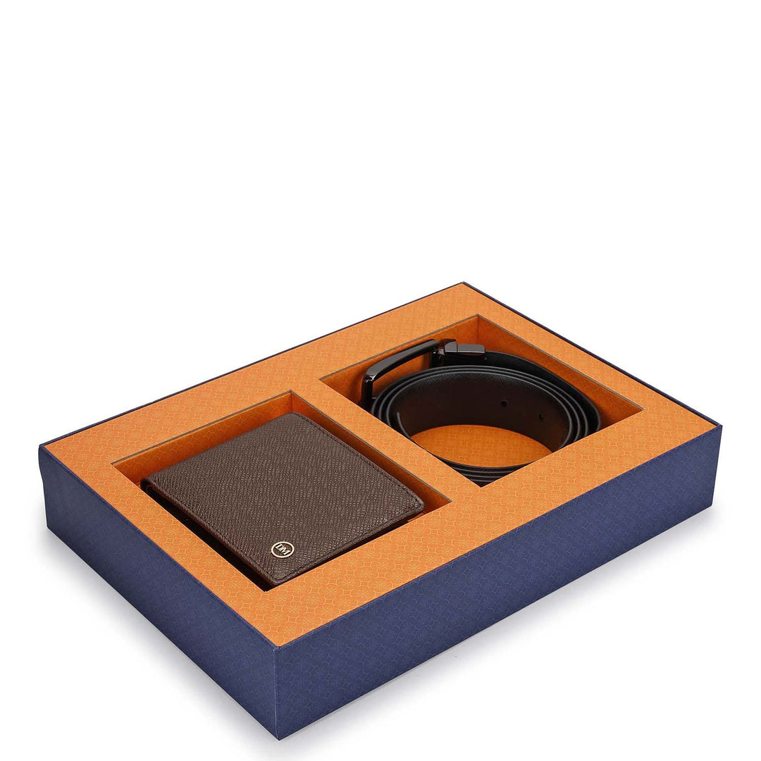 Walnut Saffiano Franzy Leather Mens Wallet & Belt Gift Set
