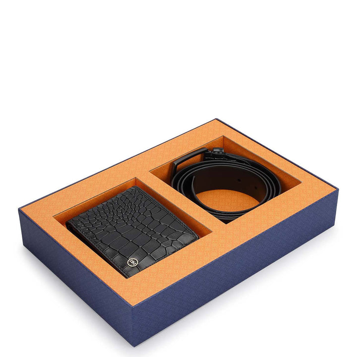 Black Croco Leather Mens Wallet & Belt Gift Set