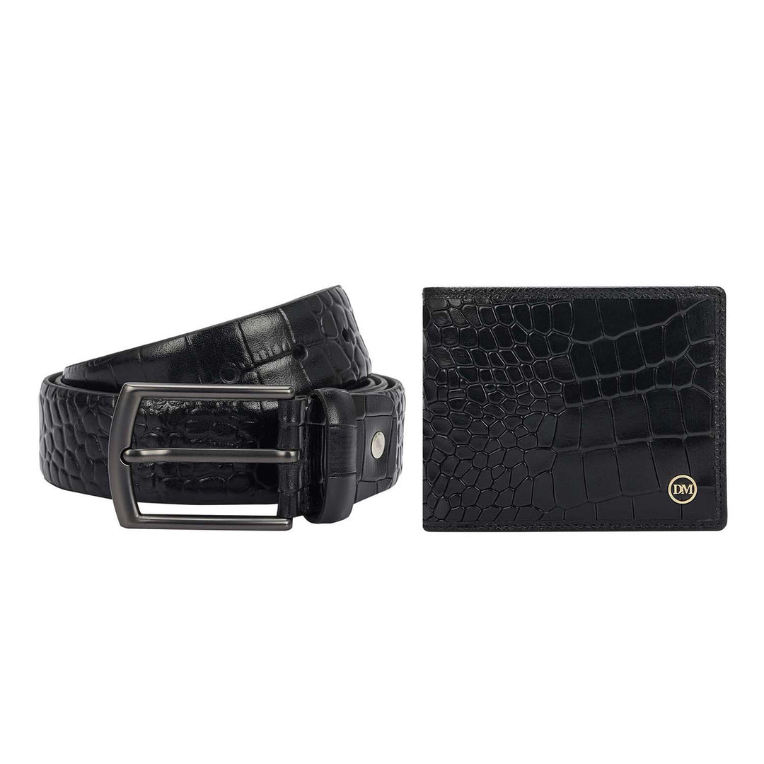 Black Croco Leather Mens Wallet & Belt Gift Set