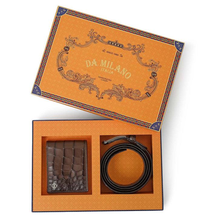 Walnut Croco Leather Mens Wallet & Belt Gift Set