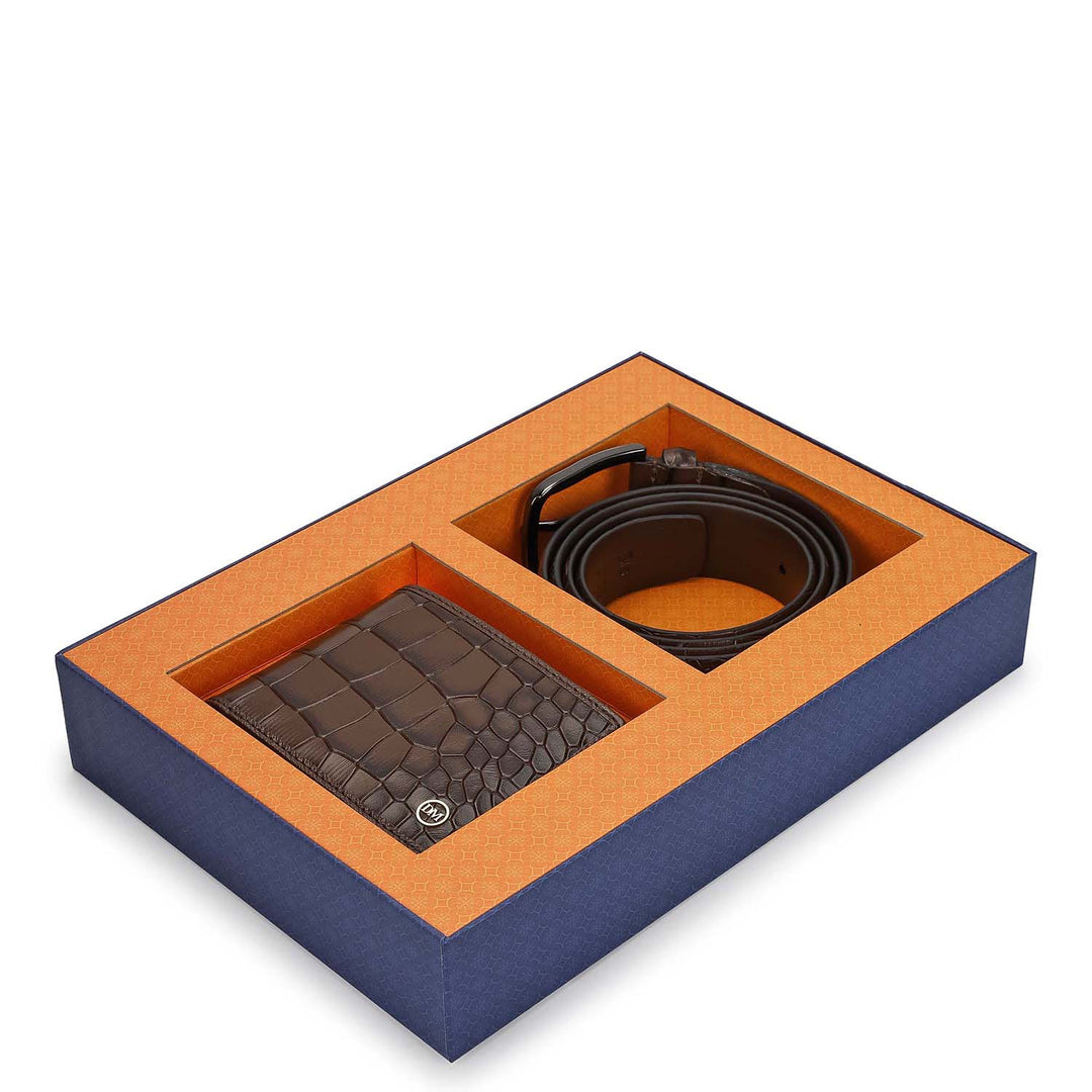 Walnut Croco Leather Mens Wallet & Belt Gift Set