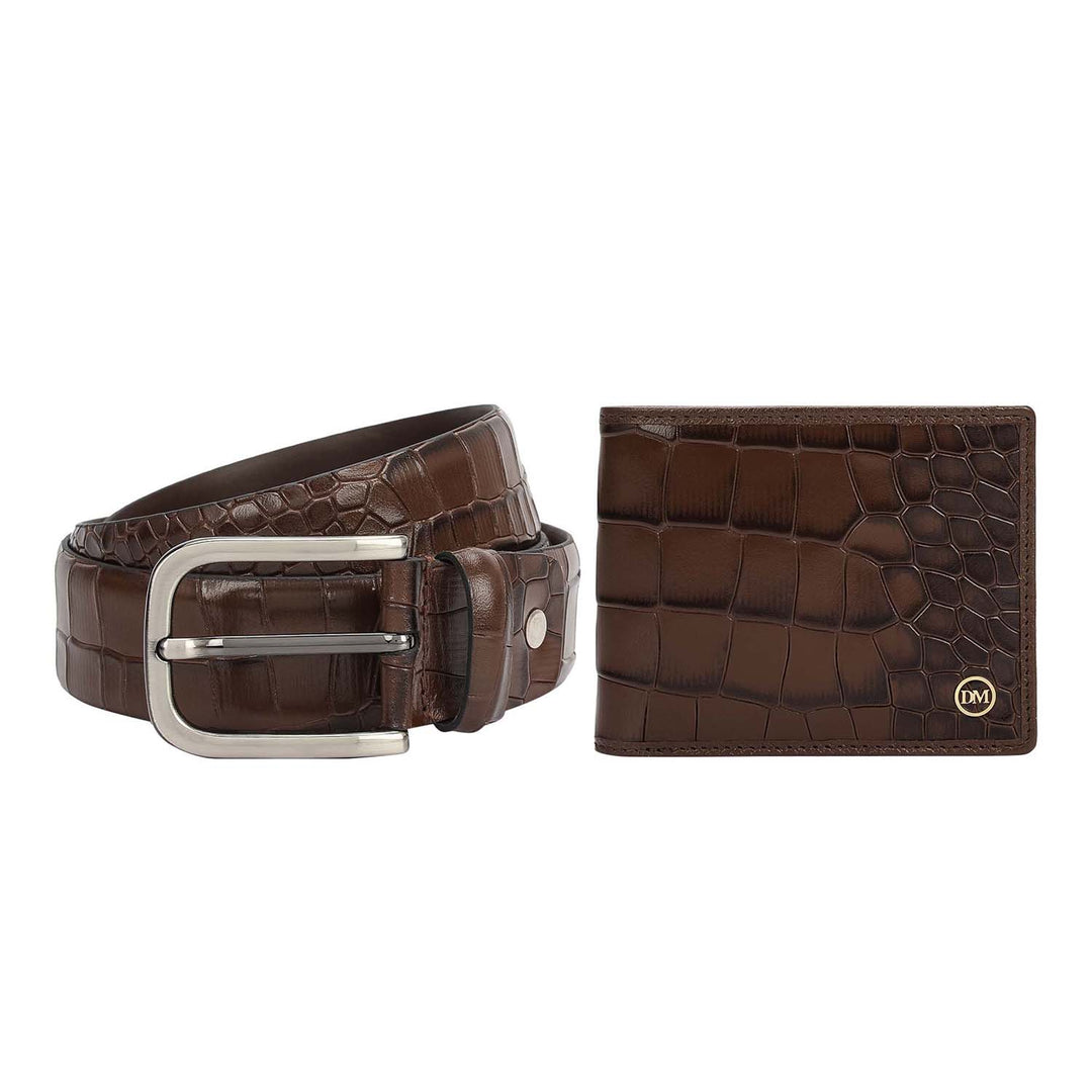 Walnut Croco Leather Mens Wallet & Belt Gift Set