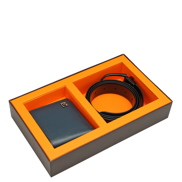 Navy Blue & Black Plain Leather Mens Wallet & Belt Gift Set