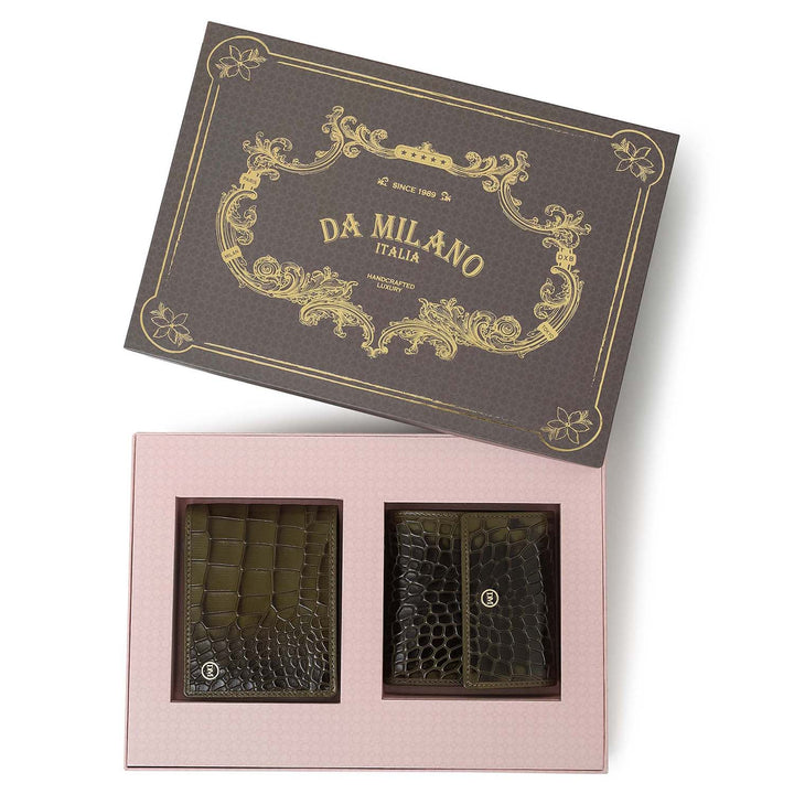 Military Green Croco Leather Mens & Ladies Wallet Gift Set