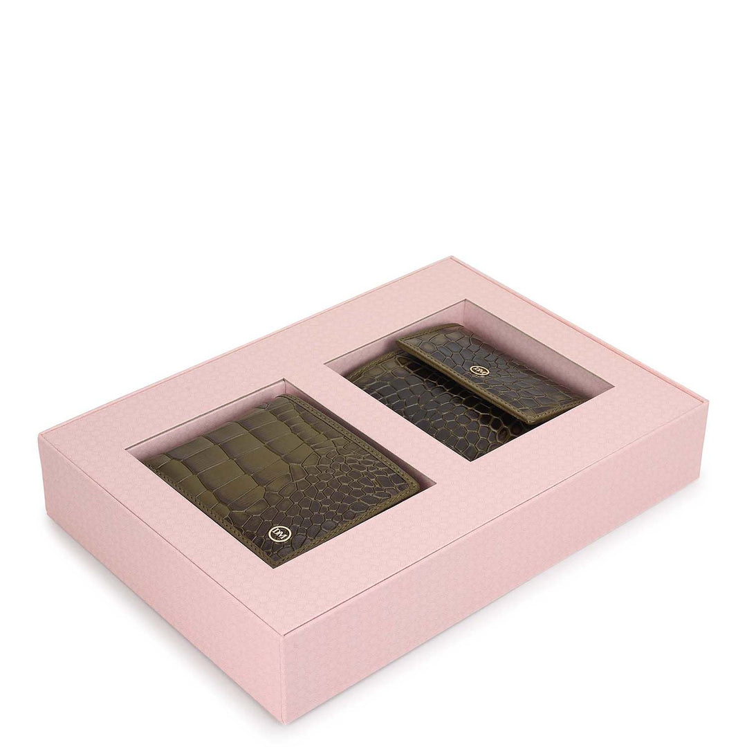 Military Green Croco Leather Mens & Ladies Wallet Gift Set
