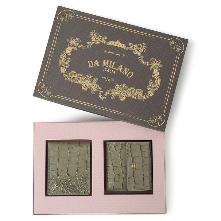 Stone Grey Croco Leather Mens & Ladies Wallet Gift Set