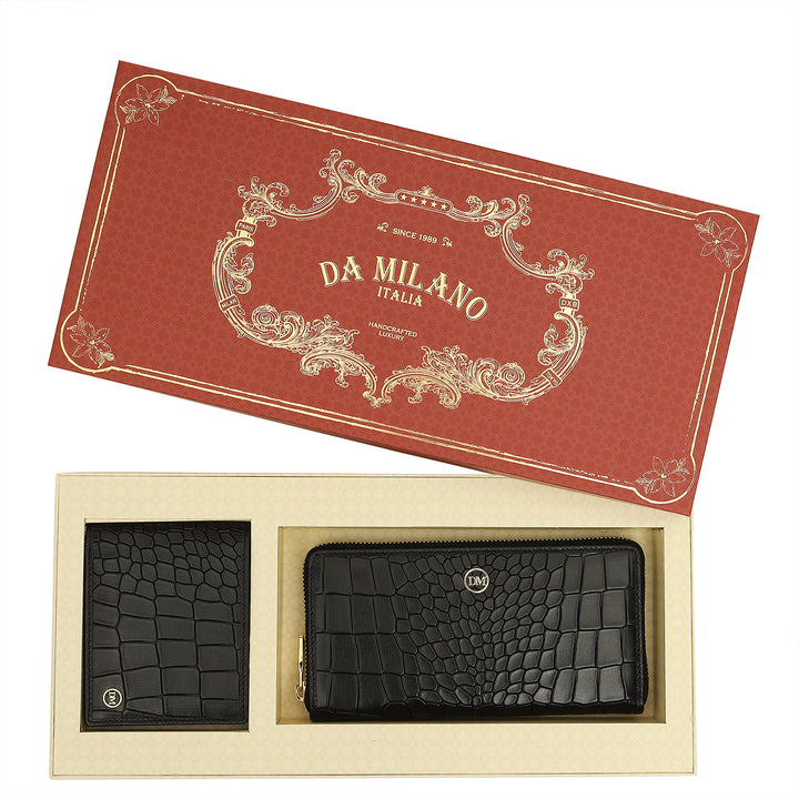 Croco- Textured Leather His & Her Gift Set - Black