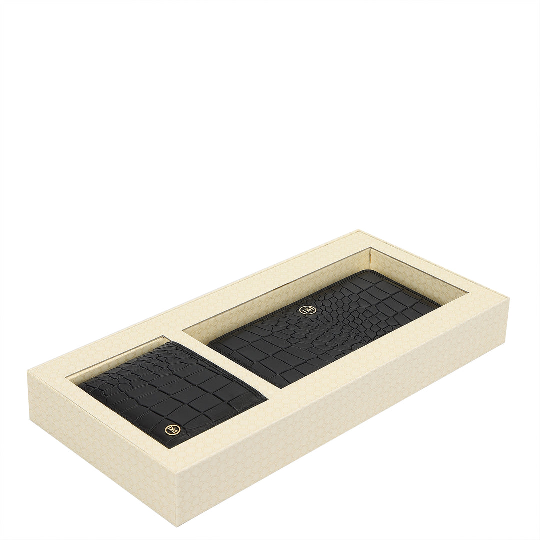 Croco- Textured Leather His & Her Gift Set - Black