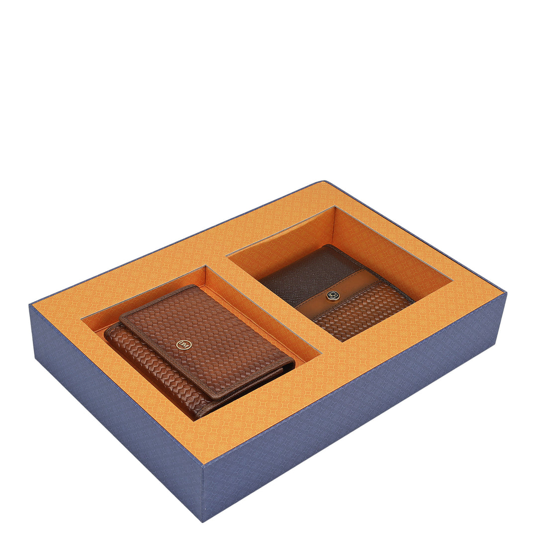 Chocolate Cognac Franzy Mat-Emboss Leather Mens Wallet & Card Case Gift Set