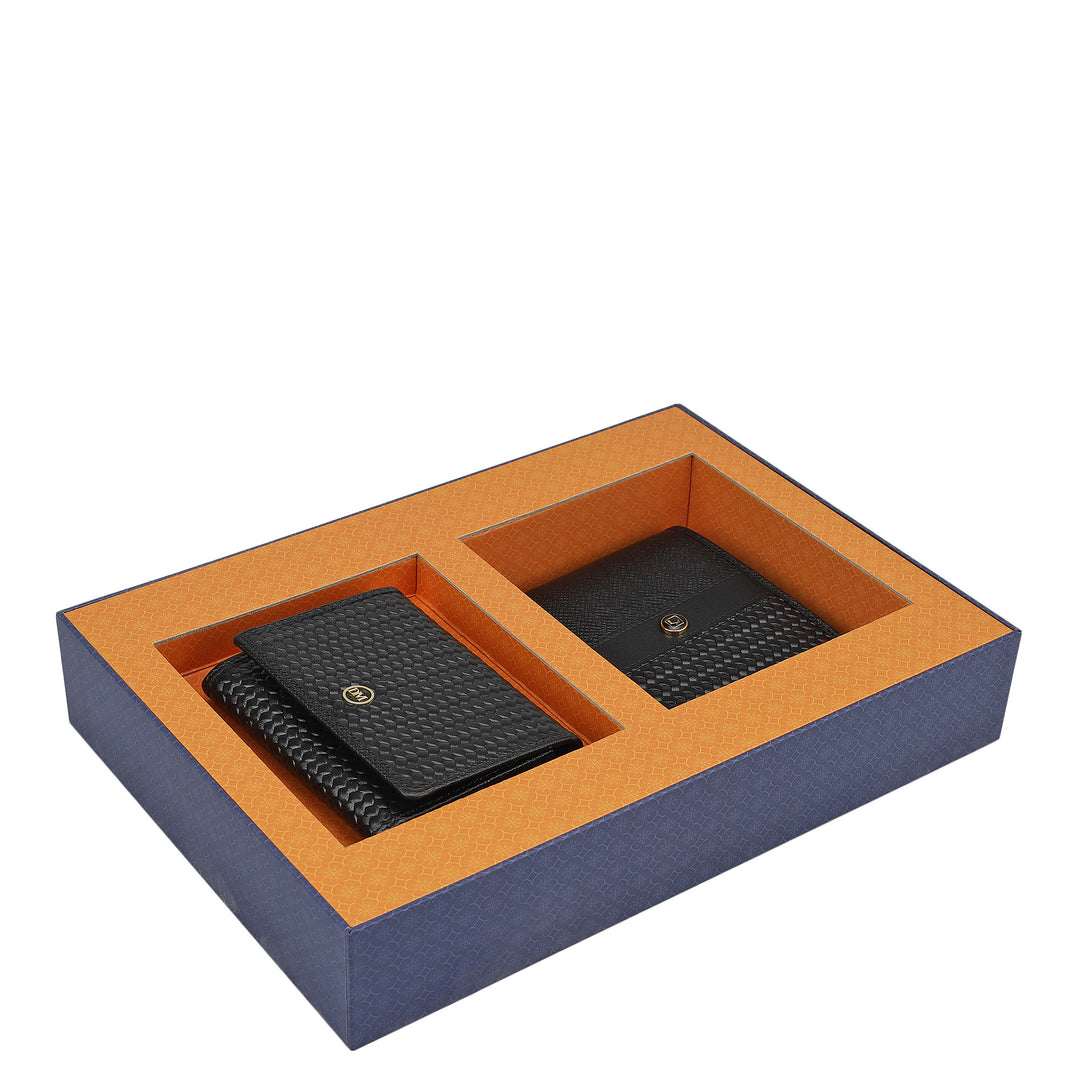 Black Franzy Mat-Emboss Leather Mens Wallet & Card Case Gift Set