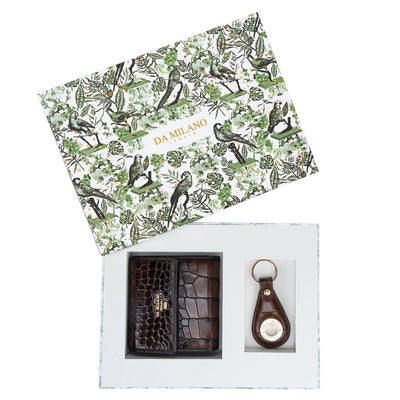 Brown Croco Leather Ladies Wallet & Keychain Gift Set