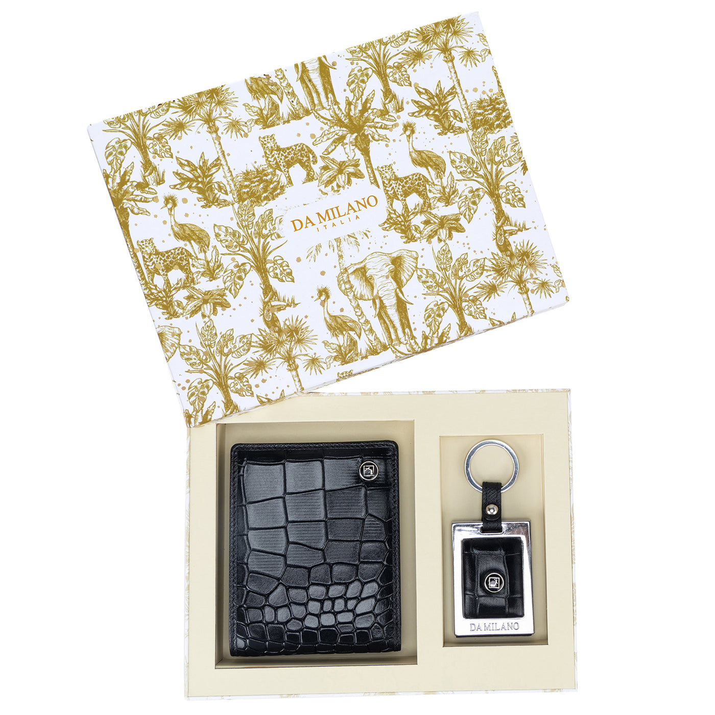 Black Croco Leather Mens Wallet & Keychain Gift Set