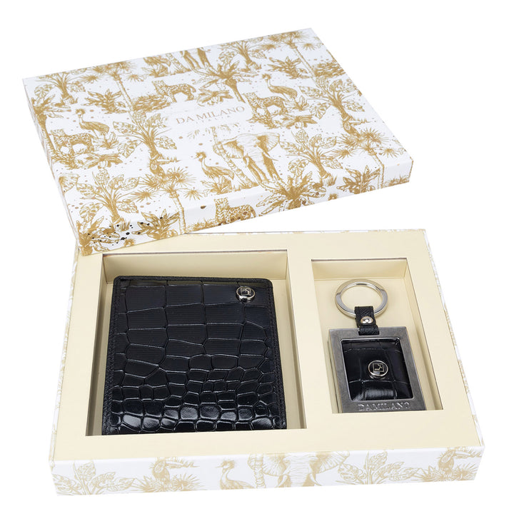 Black Croco Leather Mens Wallet & Keychain Gift Set