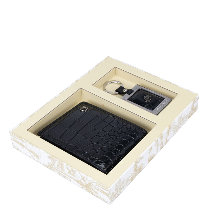 Black Croco Leather Mens Wallet & Keychain Gift Set