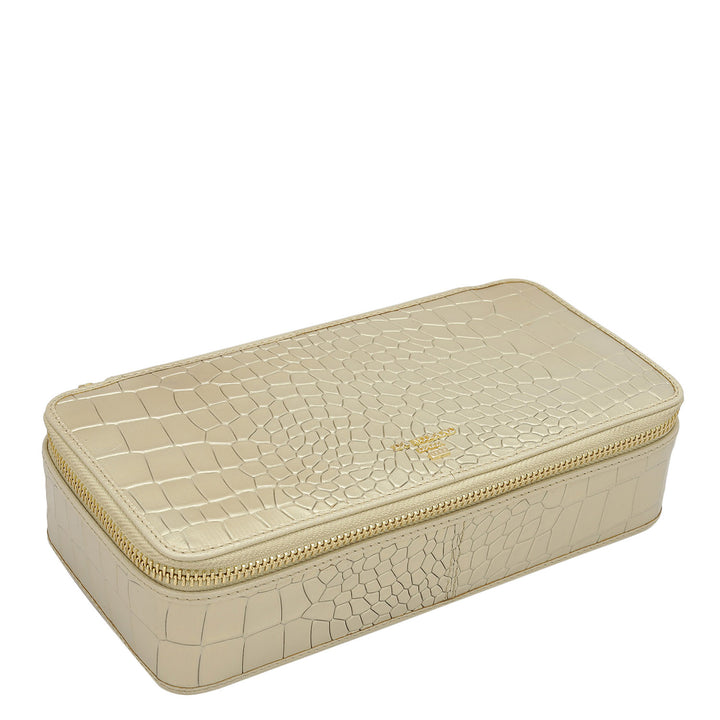 Croco Franzy Leather Jewellery Case - Gold