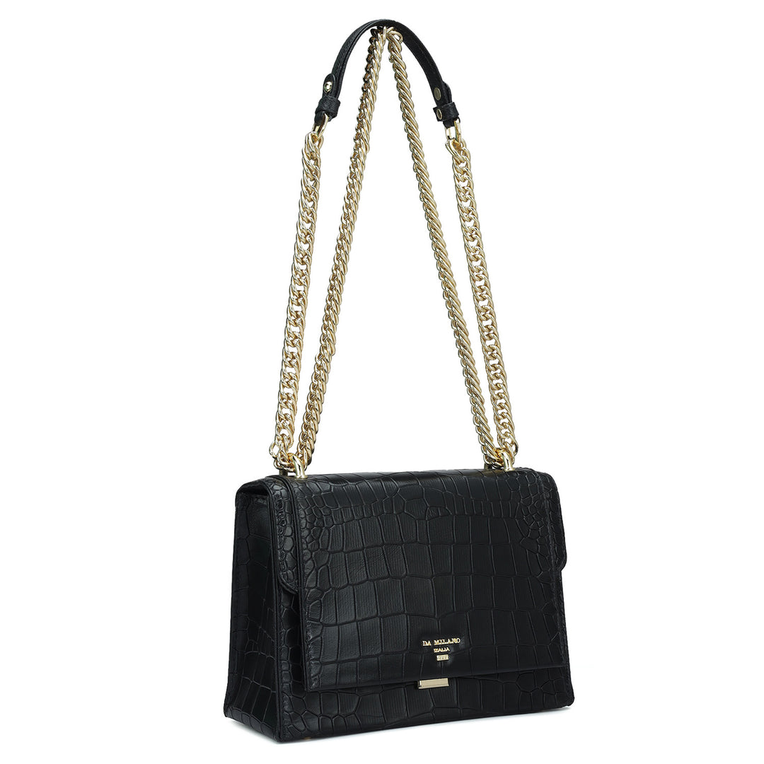 Small Croco Leather Shoulder Bag - Black