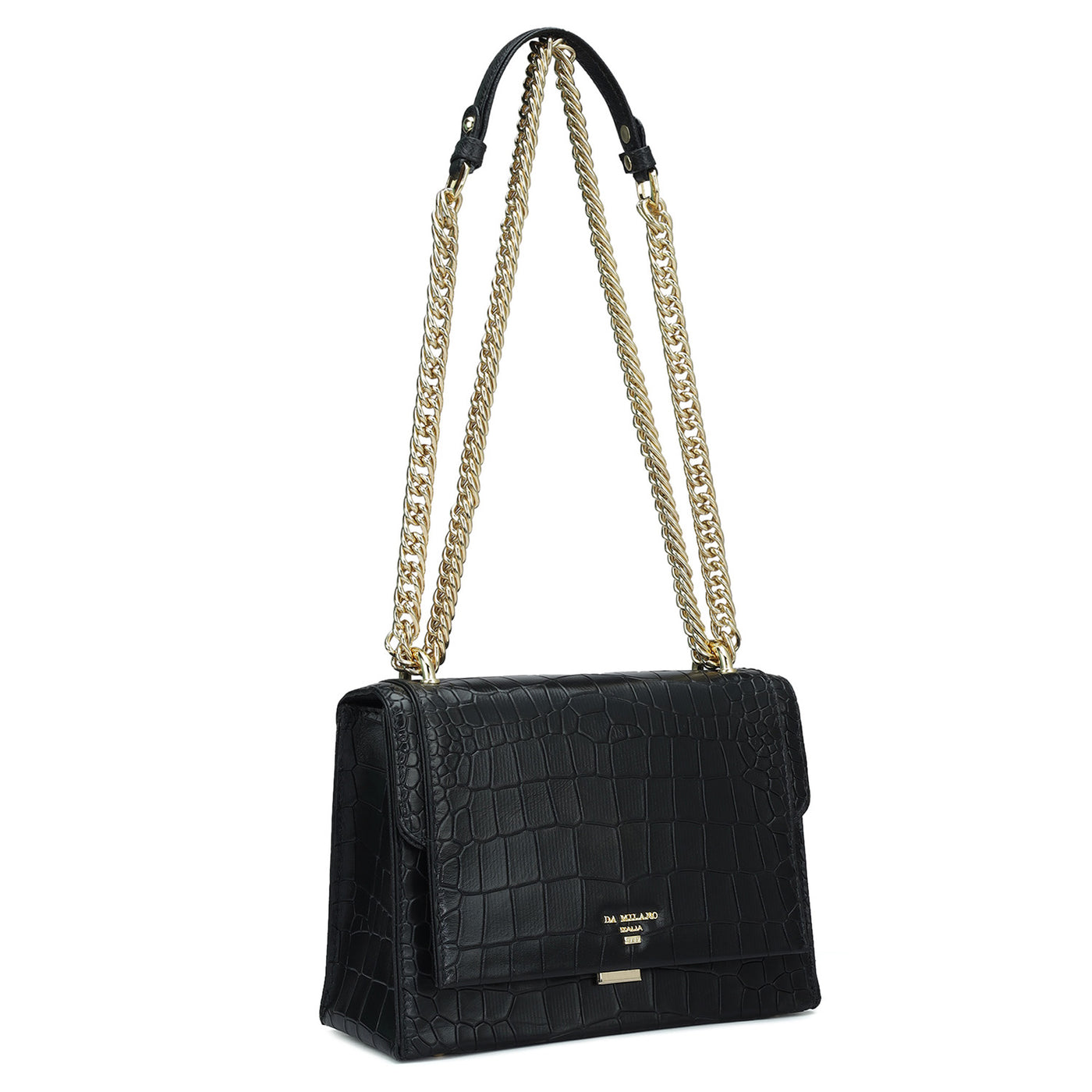 Small Croco Leather Shoulder Bag - Black