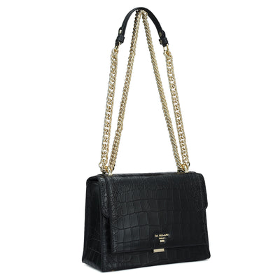 Small Croco Leather Shoulder Bag - Black