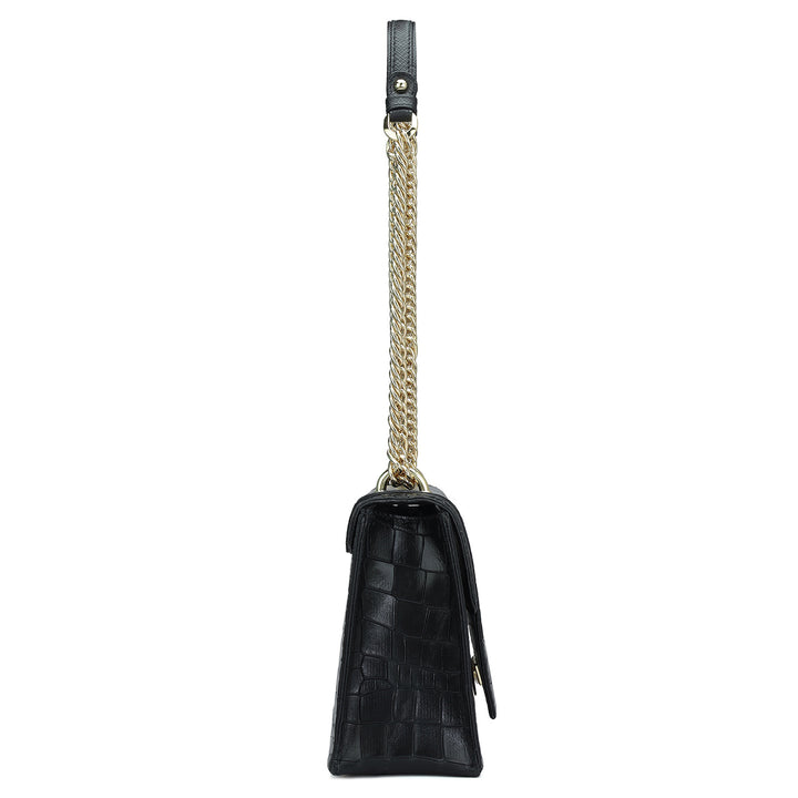 Small Croco Leather Shoulder Bag - Black