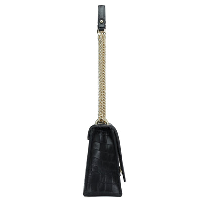 Small Croco Leather Shoulder Bag - Black