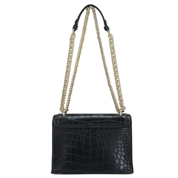 Small Croco Leather Shoulder Bag - Black