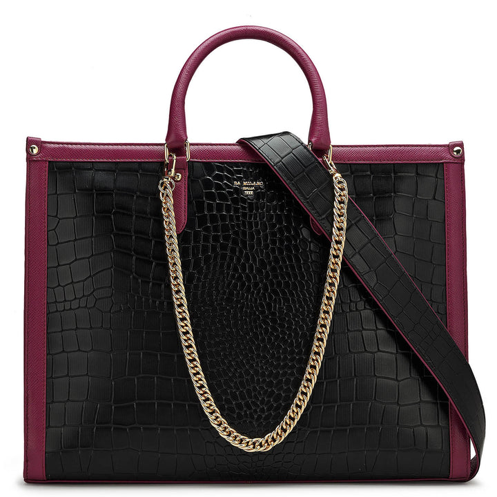 Large Croco Leather Book Tote - Black