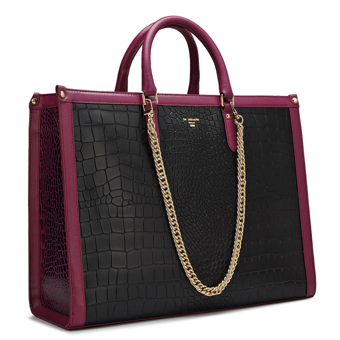 Large Croco Leather Book Tote - Black